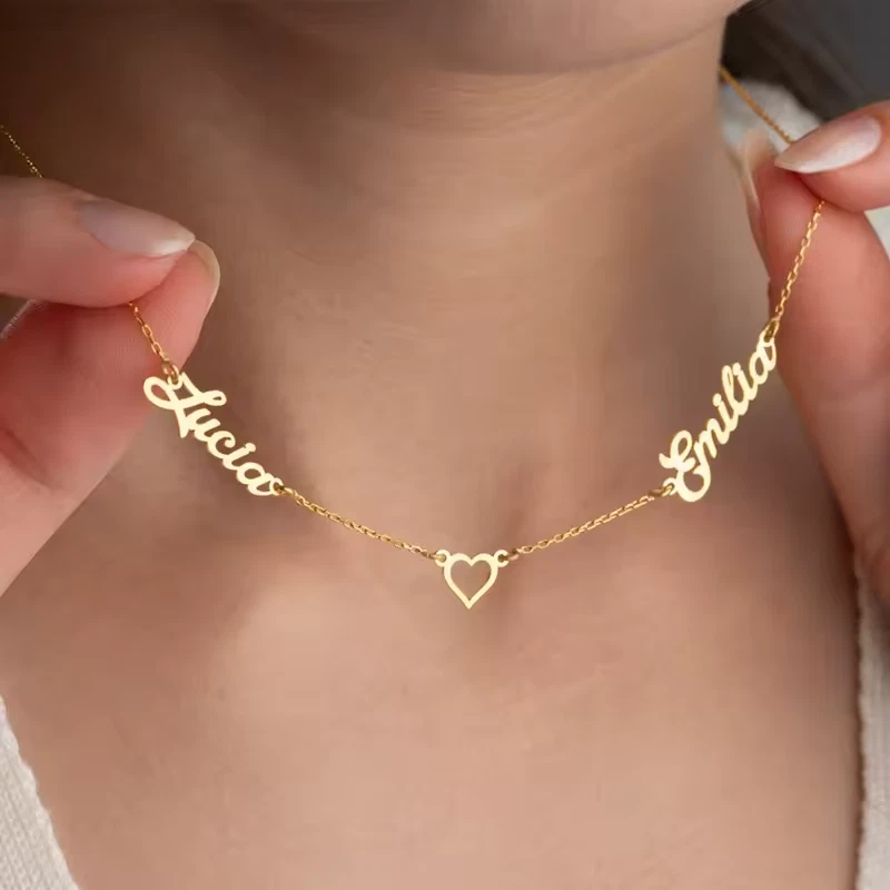 Custom Double Name Heart Pendant Necklace Charm Gift Link Chain Jewelry Women - Image 3 of 4