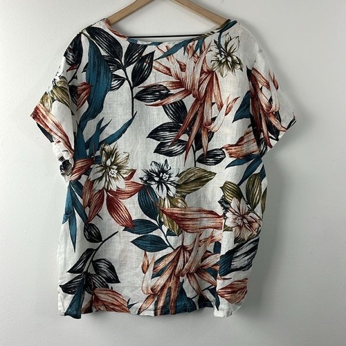 C&C California Damen-Oversize-Top 100 % Leinen tropisch Blumenmuster Größe 2X - Bild 2 von 7