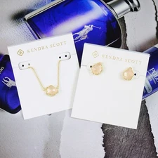 CLEARANCE!! Kendra Scott Tess Tessa Rose Quartz Necklace Earrings SET Gold Tone