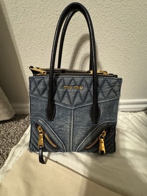 Miu Miu Denim Blue Top Handle Bag Quilted Gold Hardware Zipper