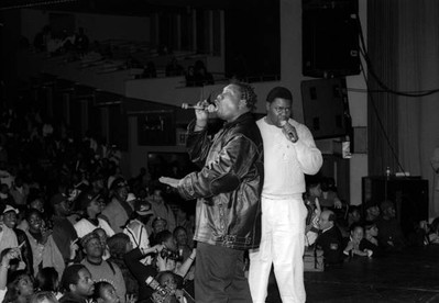 Rapper Biz Markie is shown performing with KRS One at The Source A- Old Photo 2