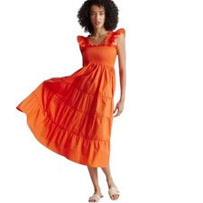 Quince 100% Organic Cotton Poplin Smocked Midi Dress Red Orange Size S