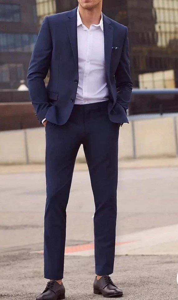 Traje de Hombre Express 40R Extra Slim Azul Marino Tech Mezcla de Lana Blazer y Pantalones 32x29 NUEVO Foto 2 de 4