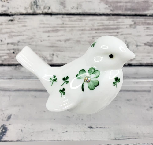 Fenton Glass Bird Figurine - Milk HP Shamrocks & Crystal - Irish Treasures