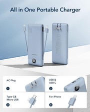 Portable Charger Built-in Cables and AC Wall Plug, USB C Power Bank 10000mAh