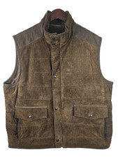Roundtree  Yorke Leather Vest Men XL Brown Suede Zip Snap Pockets Quilted Heavy