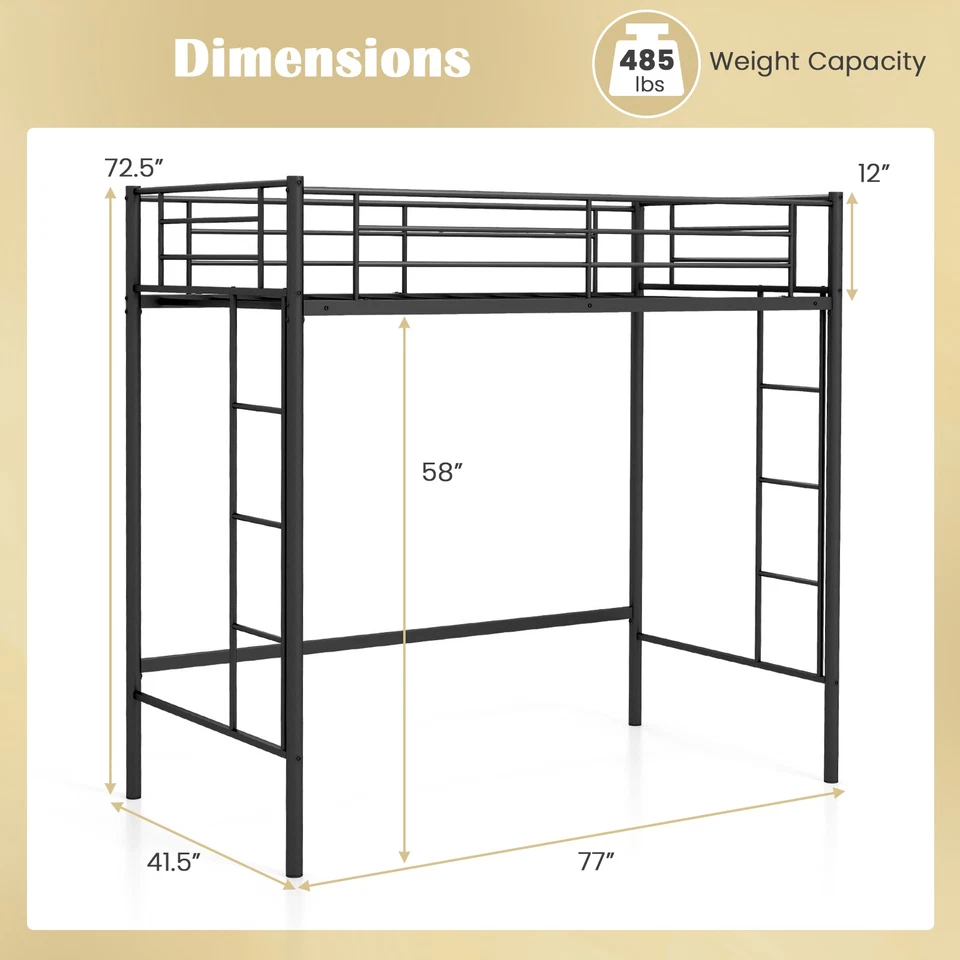 Twin Size Loft Bed Heavy Duty Metal Loft Bed Frame with Safety Guardrail - Image 2 of 4