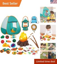 Kids Camping Gear Set with Play Tent, Pretend Campfire, Fruits, Marshmallow, ...