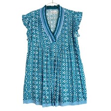 Goa Beachwear by Japna Womens Blue Geometric Fringe V-Neck Mini Dress Medium