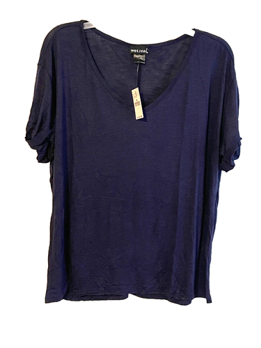 Wet Seal T-Shirt Women's Size Large V-Neck Stub T-Shirt Roll Short Sleeve Navy - 第 1/3 張圖片