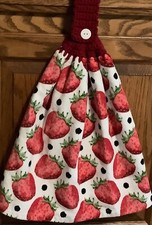 Double Hanging kitchen towel strawberries fruit leaves crocheted red top