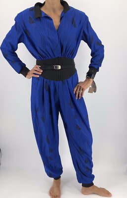 Vintage 80s 90s Small Seneca Jumpsuit Blue Long Sleeve