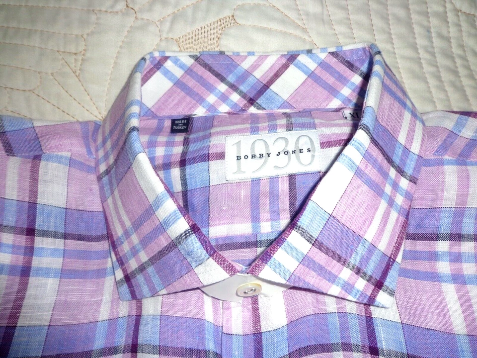 Bobby Jones Shirt 1930 Size XL Lavender Blue Check 100% Linen Made Turkey $129 - Image 2 of 4