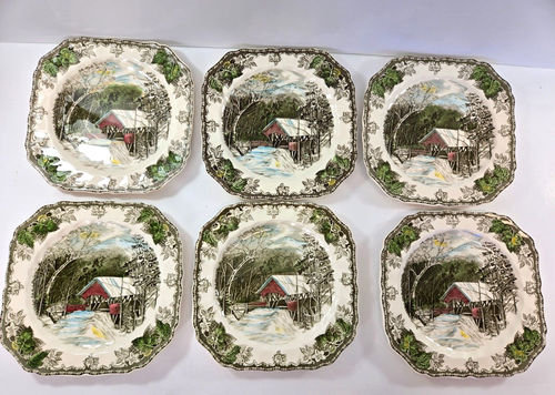 Johnson Brothers Friendly Village Covered Bridge 6 Square Salad Plates England