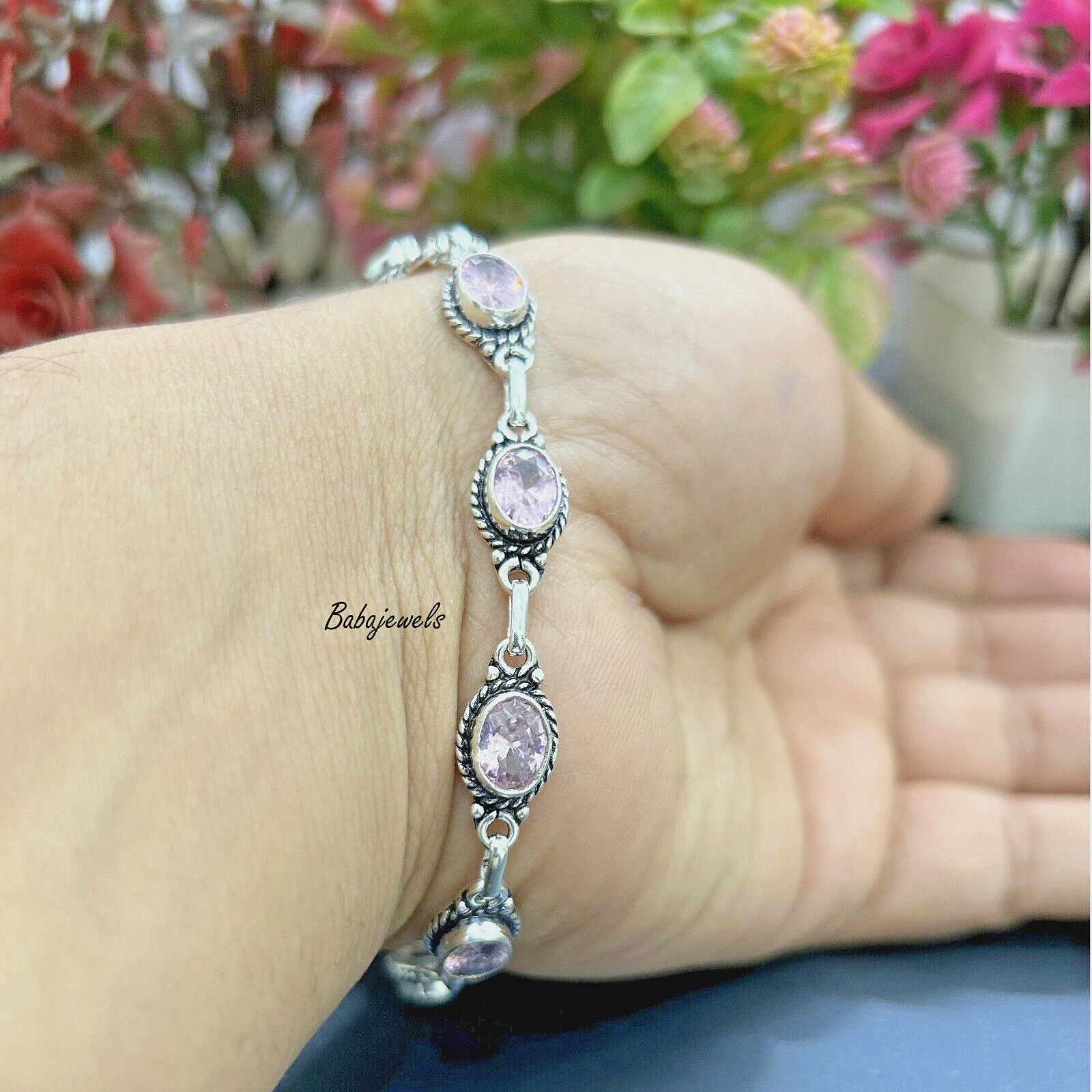 VALENTINO Bracciale Pietra Preziosa Quarzo Rosa Argento Sterling 925 Fatto a Mano Elegante