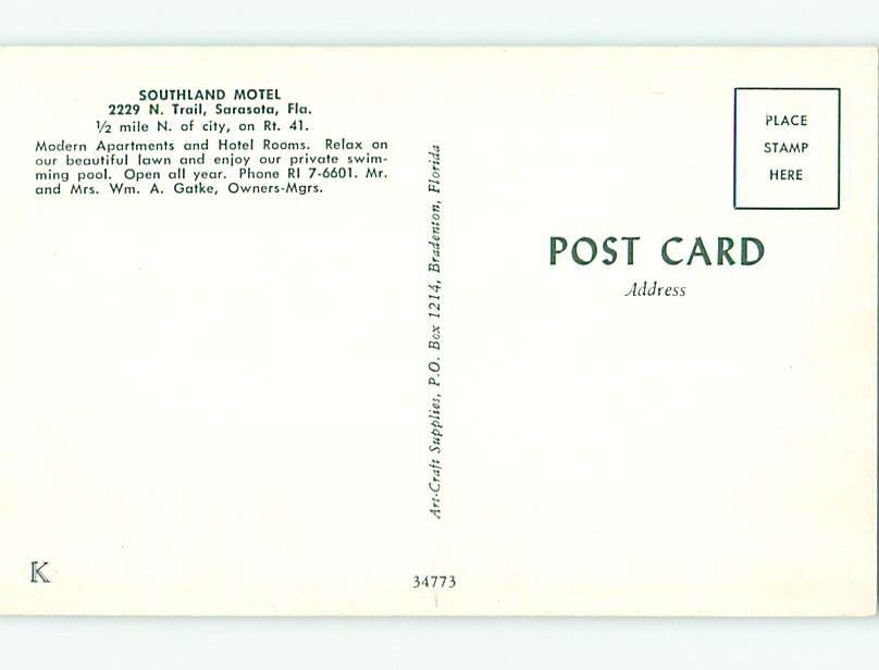 Unused Pre1980 OLD CARS & SOUTHLAND MOTEL Sarasota Florida FL 60k