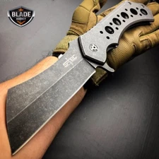 12" GIANT TACTICAL Assisted Open Pocket Knife CLEAVER FOLDING Blade STONEWASH