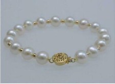 Natural 9-8mm South Sea Genuine White Pearl Bracelet 14k Gold Clasp