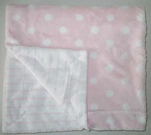 First Impressions Pink White Polka Dot Stripe Baby Blanket Plush Reversible