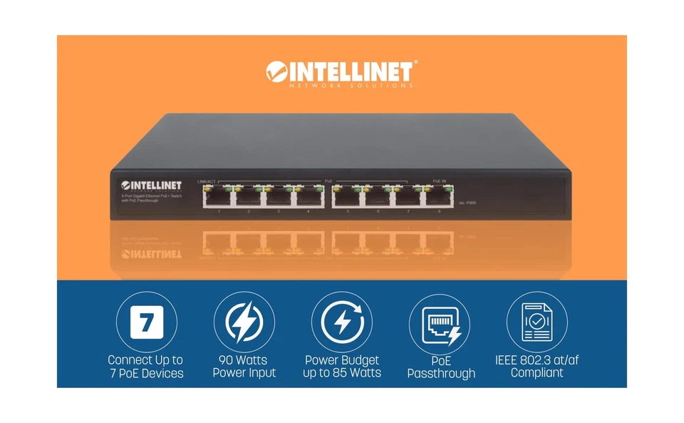 Intellinet 8-Port Gigabit Ethernet PoE+ Switch with PoE Passthrough - 85W PoE... - Image 2 of 4