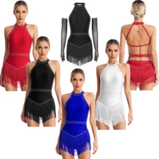 Women Unitards Latin Dresses Shiny Leotards Sleeveless Costume Rhinestones