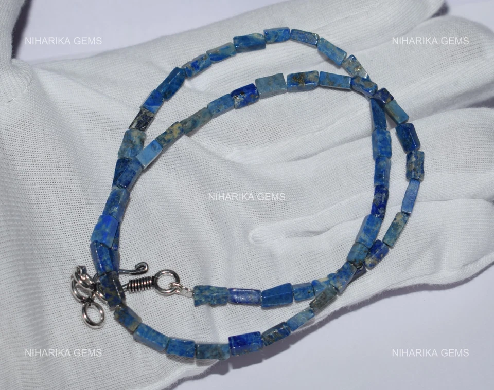 925 Silver Box Lapis Lazuli Stone Boho Art Deco Artisan Wedding Beaded Necklace - Image 3 of 4
