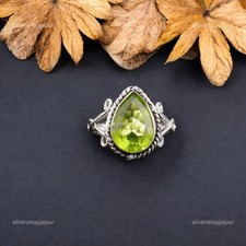 Pear Cut Natural Peridot Birthday Solitaire Minimalist Ring Jewelry 925 Silver