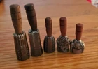 1042----Lot of 5 tiny antique bells -- 1-1/2 to 2-1/2 tall - wood handles