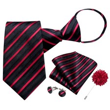 Mens Zipper Tie,Silk Paisley Solid Plaid Pre-tied Tie and Pocket Black Ang Red