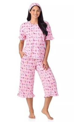 Cuddl Duds Womens Pink Flamingo Crop Pajamas Short Sleeve Headband 3 Pc Set Sz M