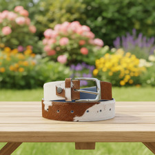 Stylish Brown and White Natural Cowhide Belt with a Silver Buckle  Concho