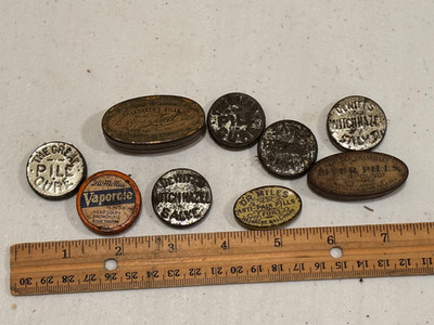 9 miniature medicine pill cure advertising bottle tins Schenk s Brandreth Dewitt