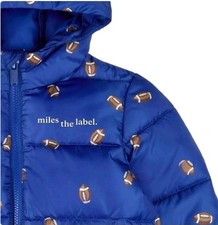 Miles The Label Boys Hooded Puffer Jacket Football Print Blue Size 4T