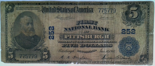 1902 $5 3rd Charter Period 3rd Issue Plain Back Fr.606 Pittsburgh Pennsylvania