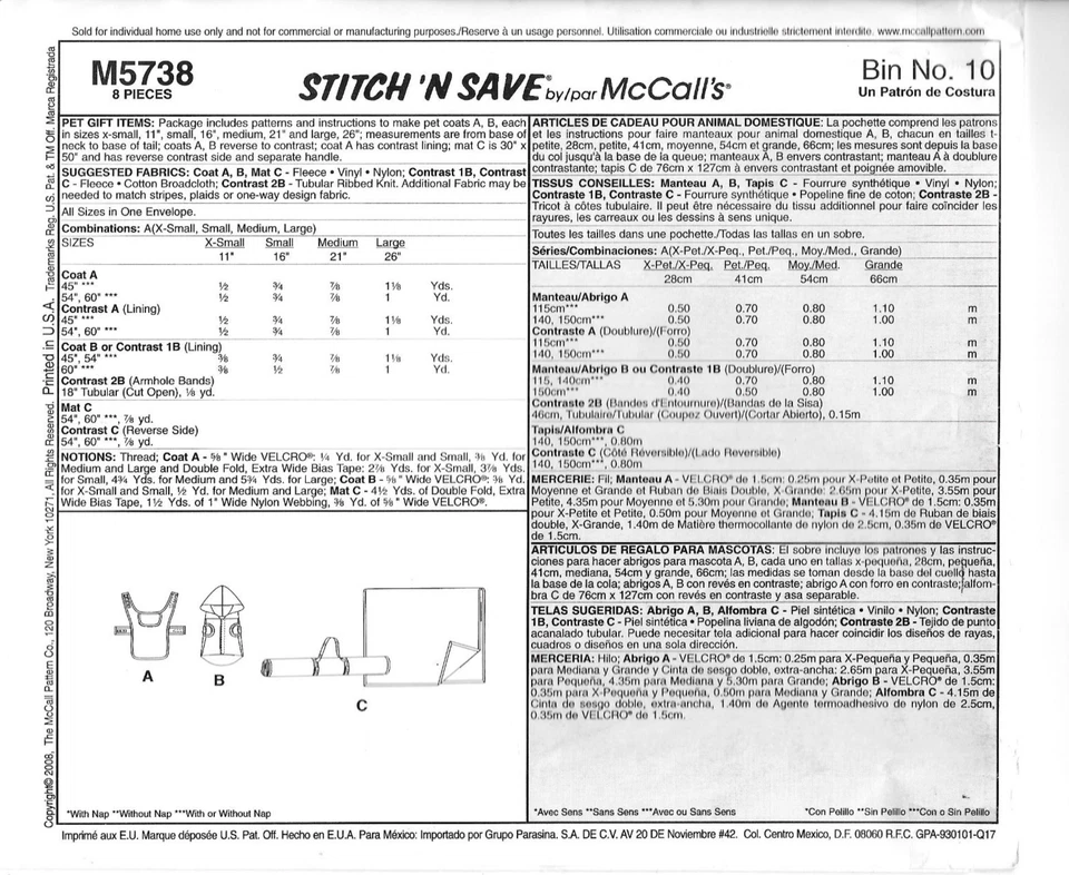 Uncut McCall's Sewing Pattern M5738 Pet Dog Mat Blanket Coat Jacket Size: XS-L - Image 2 of 2