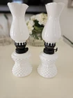 Pair of Vintage White Milk Glass Hobnail Hurricane Oil Lamps