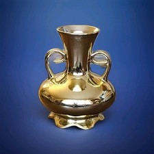 VTG Hand Decorated Gold Double Handle Vase Made in the USA