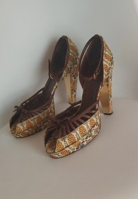 Authentic Gucci Sandals Platform Heels Golden Logo IT 37.5C EU 38 38.5 Raffia 