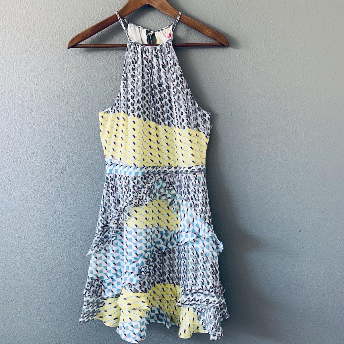 Parker NEW Gia Ruffled Halter Tank Mini Dress Geometric Print $398 Retail
