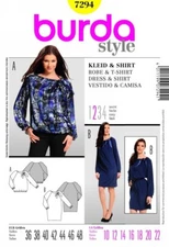 Burda 7294 Pullover Dress or Top w Elastic Waistband, Tie Knot Detail Sz 10-22