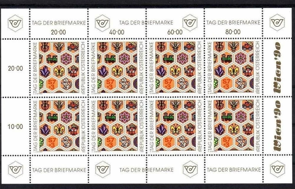 ÖSTERREICH 1990 TAG DER BRIEFMARKE MINIBOGEN 8 EXEMPLARE ** (493)