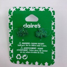Claire's St Patricks Day Earrings Green Glitter Shamrock Irish 3 Leaf Clover