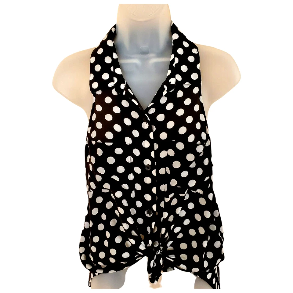 Blusa Victoria Secret de seda sin mangas pequeña negra blanca lunares nudo atado frontal Foto 3 de 4