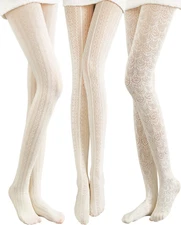 3 Piece Women Fishnet Patterned Tights Hollow Out Lace Stockings Vertical Stripe