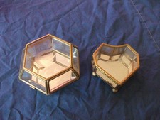 Lot of 2 Small Brass and Glass Hinged Jewelry Trinket Boxes Heart  Hexagon