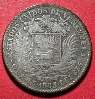 1935 Venezuela SILVER Bolivar FINE! Old Venezuelan Coin!