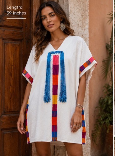 Vtg Mexican Huipil Folk Art Oaxacan Fringe Tassel Rainbow Trim Tunic Caftan O/S