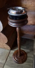 smoking stand ashtray wooden base and a metal ashtray insert and pushstyle lid.