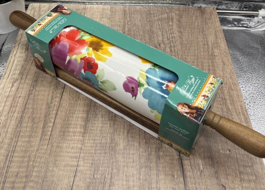 The Pioneer Woman Floral Ceramic Rolling Pin with Acacia Wood Handle Kitchen NEW