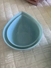 2 Fire King Azurite Blue Swedish Modern Teardrop Mixing Bowls Delphite 8in 9.5in